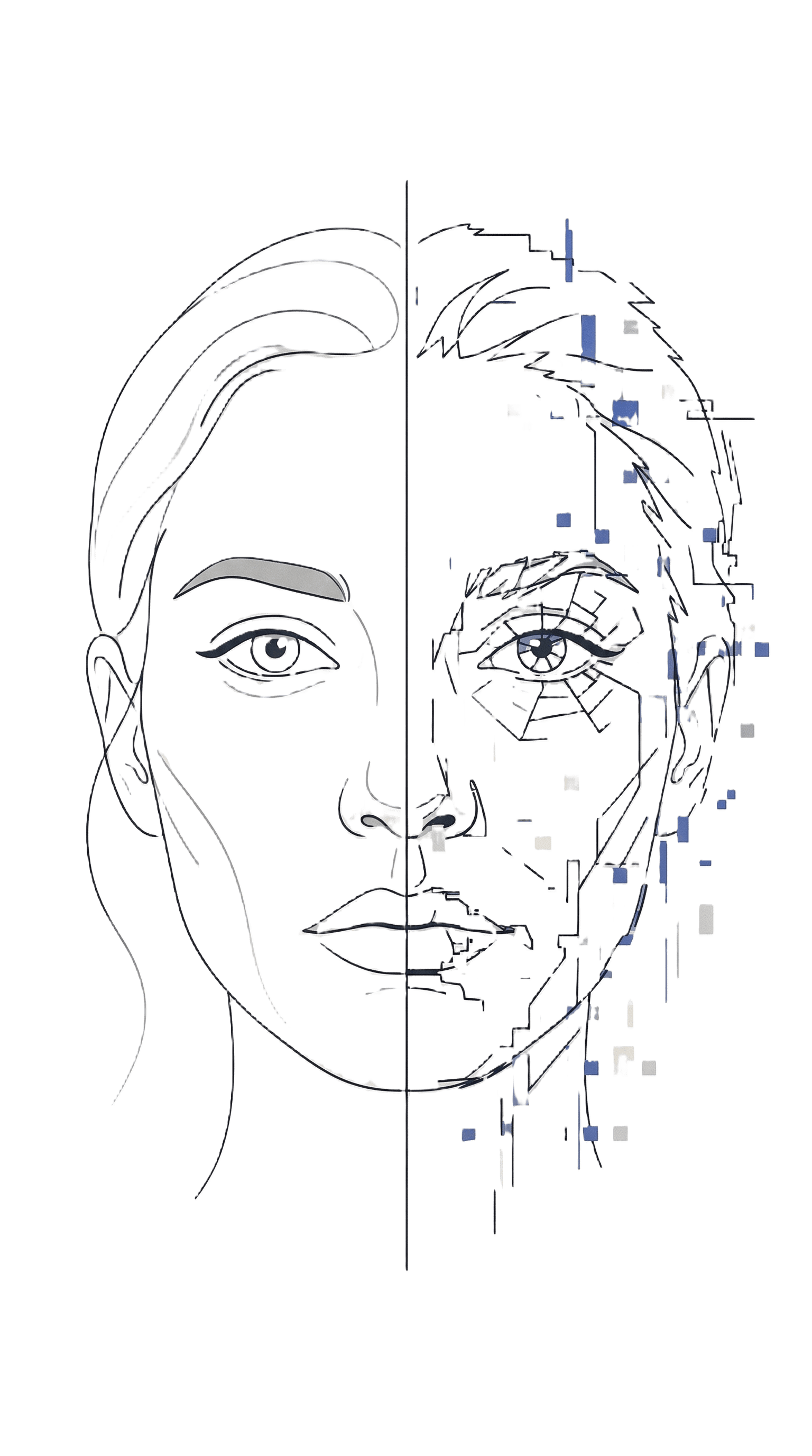 Split-face: authentic photo left, deepfake forensic breakdown right