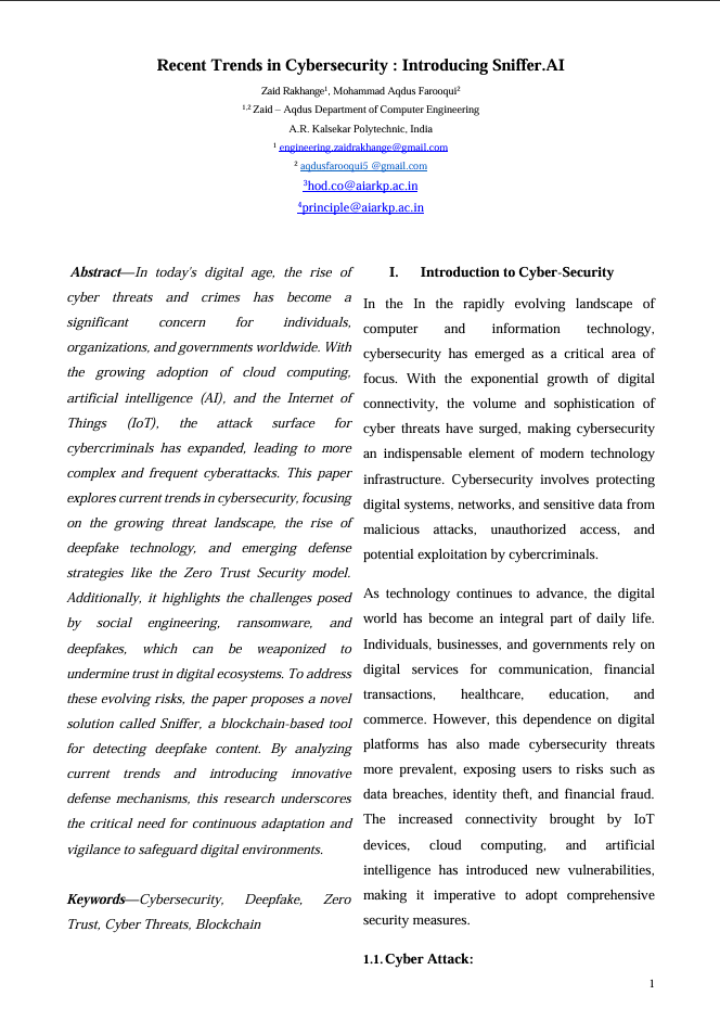 Recent Trends in Cybersecurity : Introducing Sniffer.AI